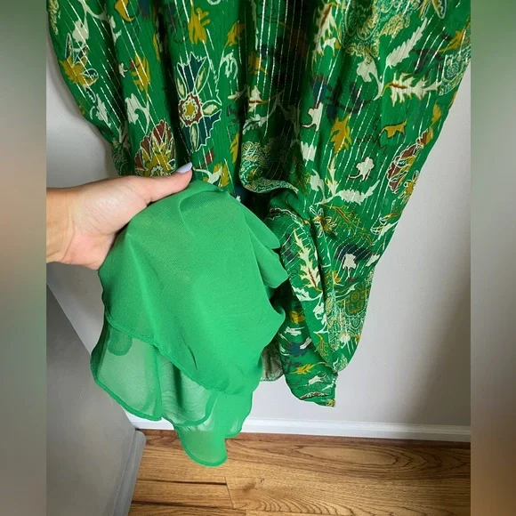 ZARA Printed Shimmery Midi Kaftan Dress in Kelly Green Women’s Size Medium NWT - Picture 9 of 13